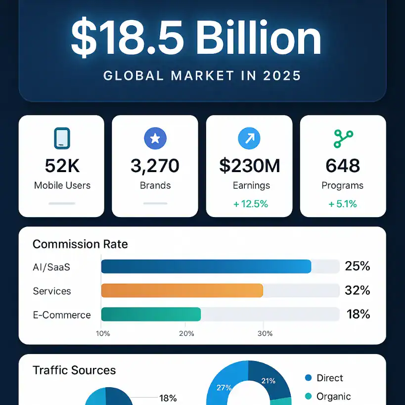 Affiliate market data in 2025: $18.5B market, user stats, commission rates, & traffic sources.